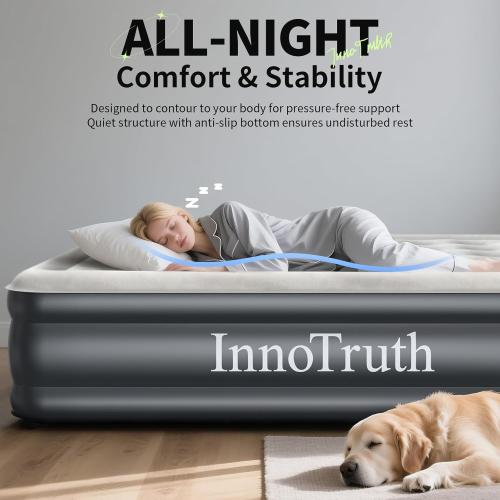 InnoTruth Air Mattress Queen with Built in Pump, Inflatable Mattress Blow up Mattress, Family Choice Award Winner, 18 Colchones Inflables Foldable Air Bed for Guest & Home, Ideal for Camping, 650lbs