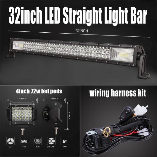 LED Straight Light Bar,32inch 459W  4pcs 72W Led Pods Tri Row Lens Flood Spot Combo Beam Led Driving Lights Super Bright Off Road Lights with Wiring Harness for Trucks UTV ATV Boat