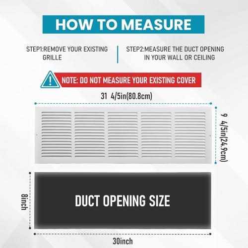 VOISEN Return Air Grille,Fits 30x8 Duct Opening,Steel Return Vent Cover, White Vent Cover Grill for Sidewall and Ceiling,HAVC Cold Air Return Vent Cover,Overall Size:31.8W X 9.8 (Little Damaged, see the picture)
