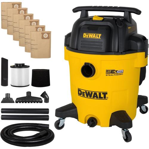 DEWALT Stealthsonic 12 Gallon 5.5 HP Shop Vacuum Wet and Dry, DXV12P-QTE | Ultra Quiet Motor with Powerful Suction, 6 Dust Bags & Accessary Storage Bag Design for Garage Workshop and Jobsite Cleanup