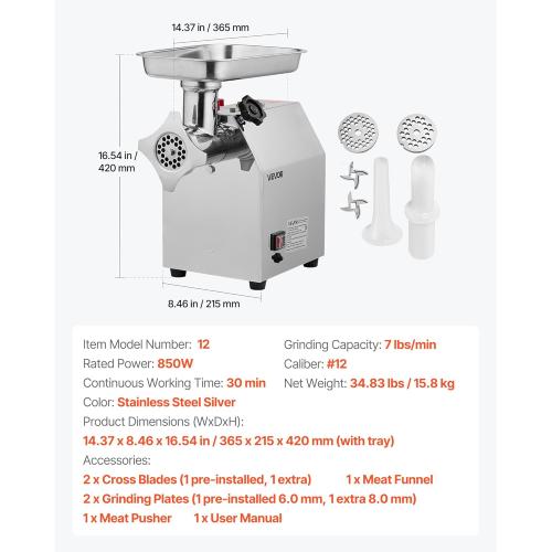 VEVOR Commercial Electric Meat Grinder, 7 lbs/min Capacity, #12 Industrial Meat Mincer with 2 Stainless Steel Blades, 2 Grinding Plates, 850W Heavy-Duty Sausage Maker Stuffer, for Kitchen, Restaurant