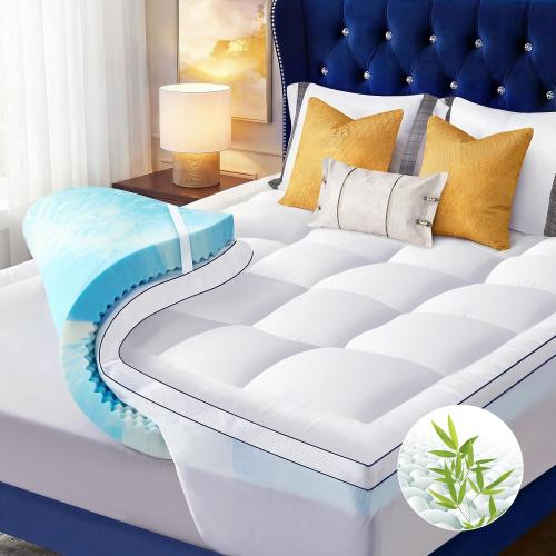 KING Dual Layer 4 Inch Memory Foam Mattress Topper KING , 2 Inch Cooling Gel Memory Foam and 2 Inch Soft Pillow Top Mattress Pad Cover for Back Pain Relief, with Elastic 21 Deep Pocket