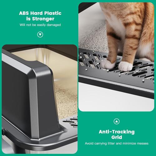 Tripamin XXL Stainless Steel Litter Box with High Sides 26x18x12 Extra Large Metal Litter Box for Big Cats & Multiple cat, Jumbo Top Entry Litter Pan with lid (Black, XX-Large)