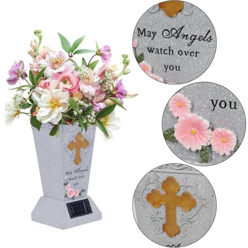 DAMEING Cemetery Vase for Grave, Cemetery Decorations for Grave, Solar Lights Cross Grave Flower Vases for Cemetery, Tomb Decoration Memorial Gift for Lost Loved One
