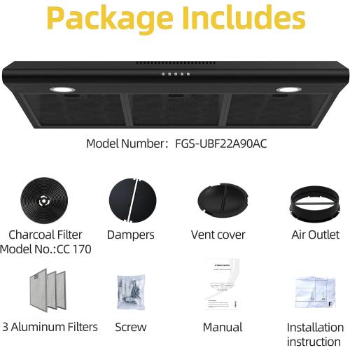 FIREGAS 36 Inch Black Under Cabinet Range Hood, 300 CFM Ducted/Ductless Convertible Kitchen Hood with 3-Speed Stove Vent Fan, LED Lights, Aluminum Filters & Charcoal Filters