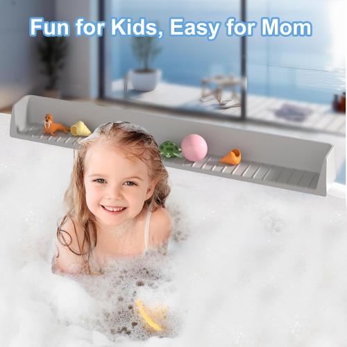Longer Bathtub Splash Guard for Tub Kids, Bathtub Water Guards Play Shelf for Bathing, Toy Tray Caddy Holder for Tub, Silicone Tub Splash Guard Prevent Water Spills in Bathroom (2.6FT, Grey)