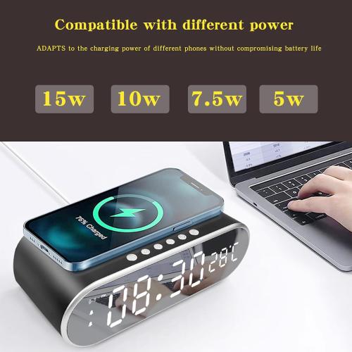 alarm clocks for bedrooms with phone charger，Small digital desktop clock with temperature display，Alarm clock with wireless charging station，Cute alarm clock with iPhone charging dock(White) (black)