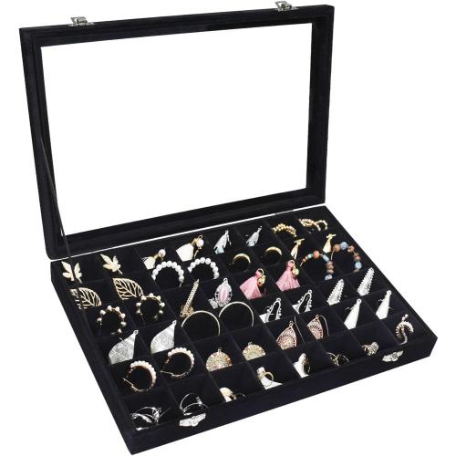 Velvet Jewelry Tray 48 Grid Jewelry Display Tray Organizer Box with Transparent Lid Rings Earrings Necklaces Pendants Display Box Suitable for Women and Girls (Black)