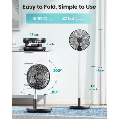 TriPole Foldable Standing Fan 12 Portable Rechargeable Quiet Fans, 6 Speed | Auto-oscillating, 12000mAh Battery Folding Fan, LED Display, Remote Control, Timer Setting, Height Adjustable for Home Office