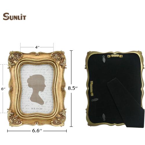 Sunlit Vintage Picture Frame 4x6 Inch, Luxury Antique Photo Frames with Glass Front, Photo Display, Tabletop Wall Hanging, Gift Ideas, Gold