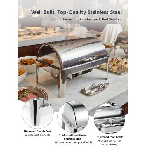 13QT Roll Top Chafing Dishes for Buffet: Stainless steel Chafing Dish Set | Chafers and Buffet Warmers Sets for Parties, Birthday, Wedding, Gathering-1 Full & 2 Half & 3 1/3 Size Food Pan & 1 Water Pan