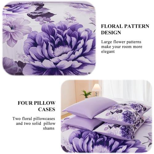 King Size Bed Floral Comforter Sets for Women Soft Lightweight 1 piece Flower Bedding Set All Season(Purple, King)