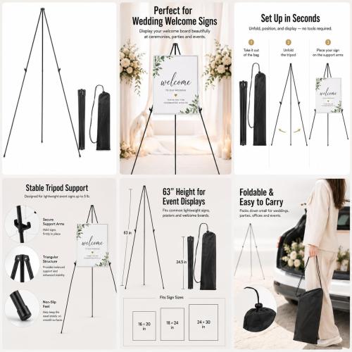 RRFTOK 63 Inch Easel Stand for Sign, Poster Stand and Wedding Sign | Instant-fold metal tripod with carry bag for welcome sign, poster display, foam board and floor use
