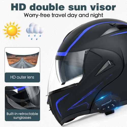 Black & Purple Motorcycle Bluetooth Modular Helmet, DOT Approved Dual Visor Full Face Flip Up Bluetooth Integrated Motorcycle Helmet for Adults Men and Women