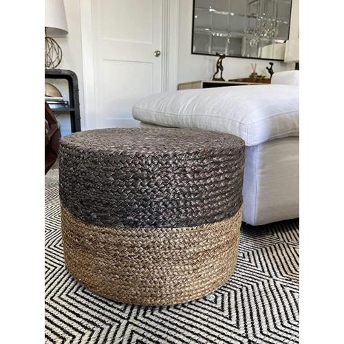 S & L Homes Pouf Ottoman - 100% Jute Braided Footrest Pouf Hand Knitted Traditional Cord Boho Pouffe for Living Room, Bedroom, Nursery, Patio, Lounge Colorblock - Natural Brown (20”x20”x10”)