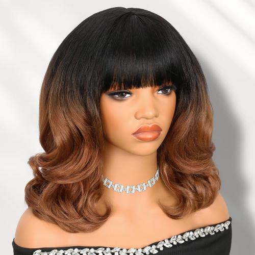 WIGER Short Yaki Wigs with Bangs Ombre Brown Natural Curly Bob Wigs for Women Shoulder Length Wavy Synthetic Wigs Wear And Go Wig Glueless Heat Resistant Hair for Daily or Events