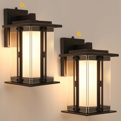 LUTEC 13 Dusk to Dawn Outdoor Wall Sconce, Matte Metal Frame and Double Glazing, Craftsman Style Outdoor Light Fxture with E26 Base, Waterproof Porch Light for Doorway (Pack of 2)