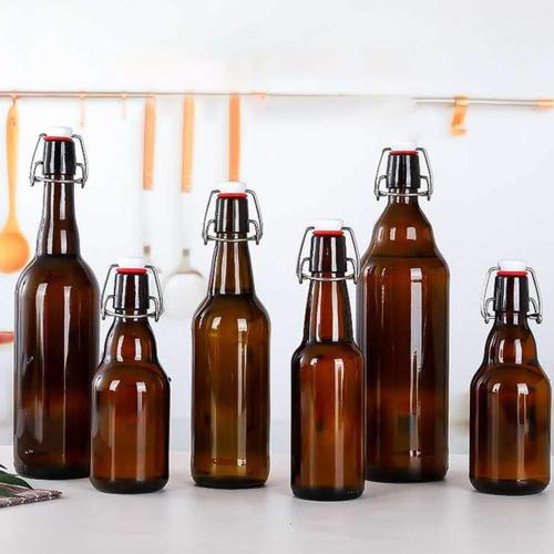 Glass Bottles, Refillable Brown Glass Storage Bottle with Swing Top Lids, Amber Iron Clasp Bottles with Stickers&Pen for Home Brewing, Drinks, Sauces, Industrial products, etc (1000ML, 8 PCS)