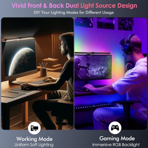 Quntis RGB Pro  Monitor Light Bar with Remote, 15 Modes Gaming Backlight, 4 Colors & Brightness Dimmable Fronlight, 20 Ra95 Eye-Care USB Reading Monitor Lamp, No Glare, Upgraded Clip for All Monitor