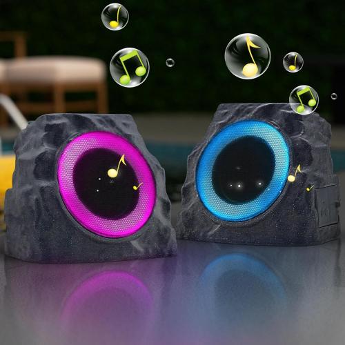 uuffoo 2-Pack Solar Powered Rock Speakers Outdoor Water-Resistant IP44 Rock Speaker with Lights RGB Colors and USB Charging for Patio Pool Party Yard Garden Outside