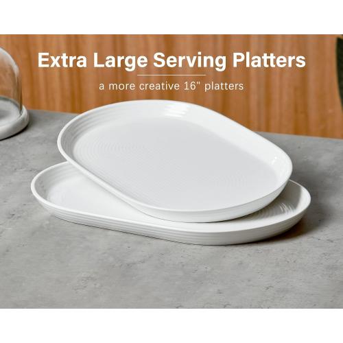 ONEMORE 16 Inch Ceramic Serving Plates for Entertaining, Set of 2 Large Oval Dinner Plates- Dishwasher Oven Safe Serving Tray for Food Meat Fish Parties- Porcelain Thanksgiving Turkey Platters - White