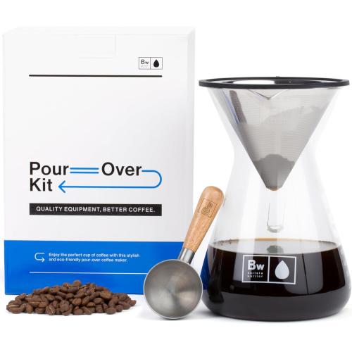 Barista Warrior Pour Over Coffee Maker with Glass Carafe and Reusable Stainless Steel Dripper – Complete Pour Over Coffee Kit with Acacia Wood Scoop for Rich, Flavorful Drip Brewing at Home