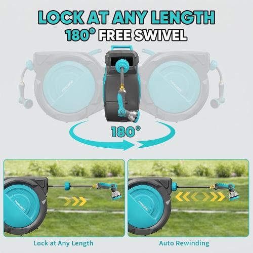 1/2 160FT Retractable Garden Hose Reel - POXURIO Heavy Duty Automatic Wall Mounted Hose Reel Upgraded UV Resistant, 3/4 Brass Fitting, 10 Pattern Nozzle, 180° Swivel&Any Length Lock Slow Retraction