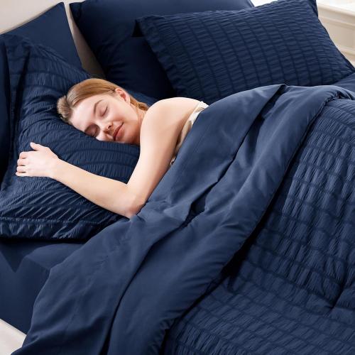 CozyLux Queen Comforter Set **Navy Blue** Seersucker 7 Pieces Bed in a Bag Queen Comforter Set with Sheets Luxury Soft Bedding Set with Down Alternative Comforter, Sheets, Pillowcases & Shams All Seasons