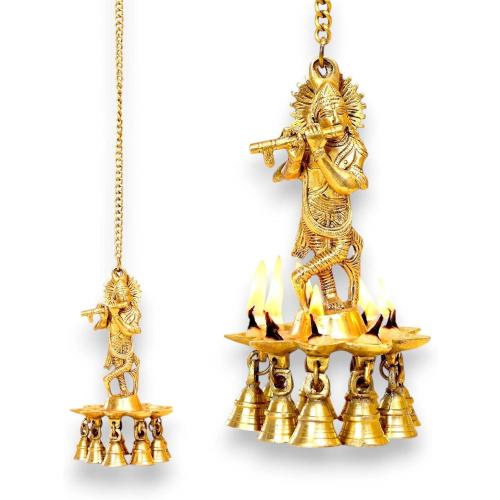 LOVENSPIRE Brass Krishna Wall Hanging Diya with Bells & Chain Krishna Hanging Idol Oil Lamp Home Temple Mandir Office Diwali Decor Kathu Vilakku Puja Diyas - Deepawali Housewarming Return Gifts