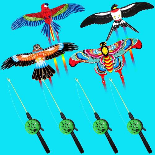 4Pcs Large Fishing Rod Kite for Kid Adults 23.62 Inch Vivid Swallow Parrot Phoenix Butterfly Kite Bulk, Easy to Fly, Kites for Adults Family in Spring Outdoor Beach Team Building