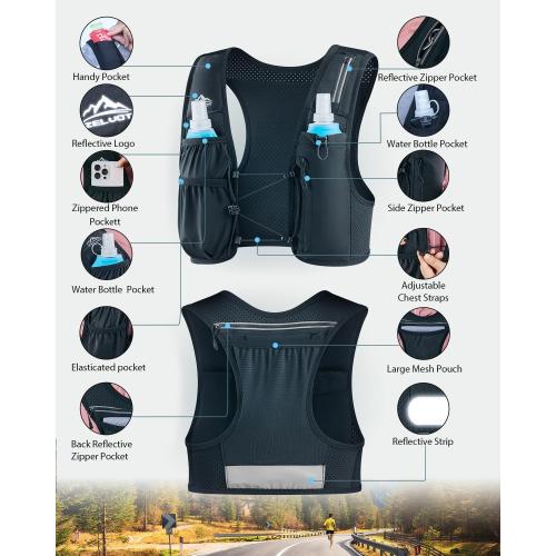 Color Black Running Vest for Women Men, USA Original Patent, Adjustable Chest Straps Running Hydration Vest with 500ml Soft Flask, Lightweight Reflective Hydration Backpack for Marathon