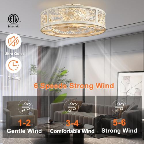 SHLUCE 18 Caged Ceiling Fan with Light, Small Flush Mount Fandelier Ceiling Fans with Lights and Remote, Rustic Low Profile Bladeless Ceiling Fan with Light for Bedroom, Kitchen, White Gold - ETL