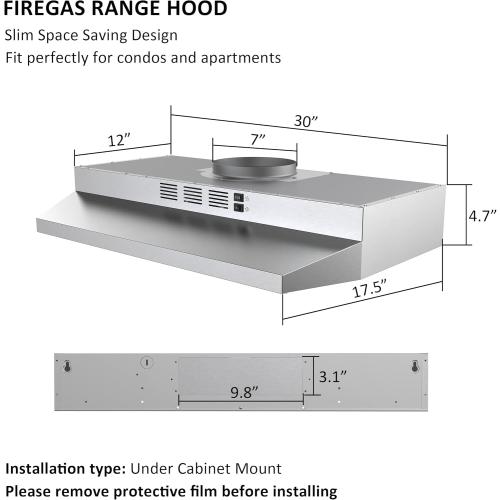 FIREGAS 30 inch Under Cabinet Range Hood, 300 CFM Powerful & 45dB Quiet Vent Hood, Slim Stainless Steel Stove Hood for Kitchen & Apartments, 2-Speed Exhaust Fan, Ducted/Ductless Convertible