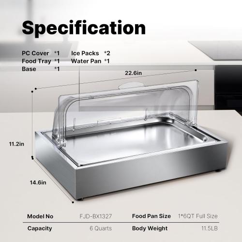 Ice Food Serving Display Tray, Cold Serving Plate with Clear Roll Top, 5QT Stainless Steel Food Serving Tray, Cooling Food Dishes Display Plate for Home, Buffet, Restaurant, Hotel and Party