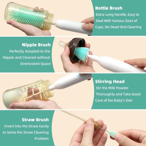 Electric Bottle Brush Cleaner, Rechargable Electric Baby Bottle Brush for Travel, Waterproof Electric Bottle Cleaner Set with Nipple & Straw Brush, Perfect Essentials Gift for Mom After Birth, Green
