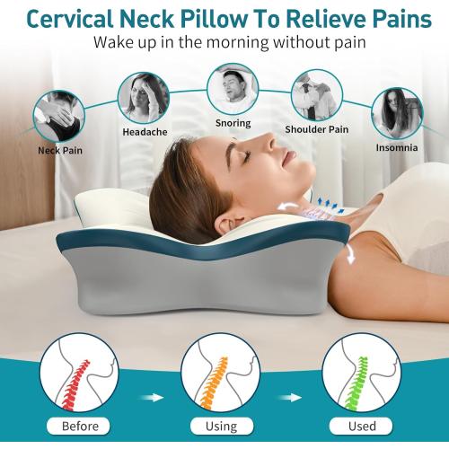 White, Blue, and Grey 26x17.5 Cervical Pillow for Neck Pain Relief - Ergonomic Neck Pillow for Sleeping Contour Memory Foam Pillows with Cooling Pillowcase, Orthopedic Bed Pillow for Side Back Stomach Sleepers