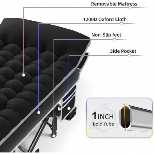HABUTWAY Camping Cot with Mattress, 32 Extra Wide Camping Cots for Adults, Sleeping Cot for Adults Holds Up to 600LBS, Cots for Sleeping, Camp, Rv, Beach, Patio, Office Naps(Black)