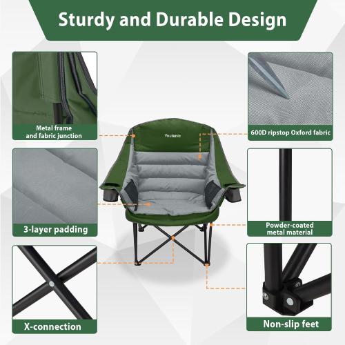 Grey and Green Oversized Camping Chair, Portable Folding Camping Chairs with Side Pocket, Cup Holder and Carry Bag, Heavy Duty Outdoor Camping Chairs for Adults, Fishing, Sports, Trip, up to 400lbs, Style 7