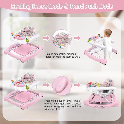 5 in 1 Foldable Baby Walker, Activity Baby Walker-Baby Bouncer, Rocker, Activity Center,Seat and Push Walker,Detachable Trampoline Mat, Adjustable Speed Rear Wheels and Height,Ages 6-18 Months(Pink)