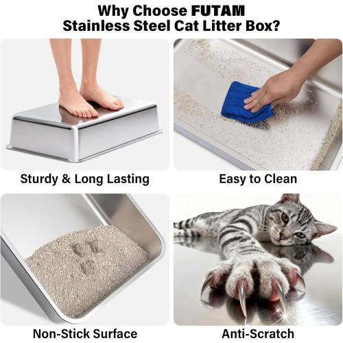 Stainless Steel Litter Box, XL Metal Litter Box with Lid | Large Cat Litter Boxes for Big Cats with High Sides, Easy Cleaning, Non Stick, No Smell, Include Scoop and Mat
