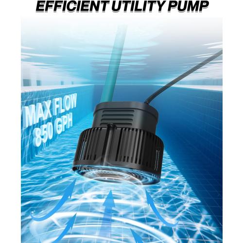 AgiiMan 850GPH Pool Cover Pump, Submersible Sump Pump above Ground | 16FT Drain Hose, 25FT Power Cord, 3 Adapters, Compact Design, Fast Water Removal for Pool Covers and Above Ground Pools