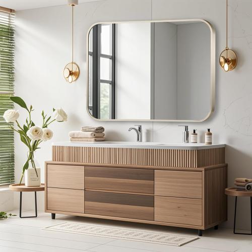 Brushed Nickel Bathroom Mirror, Framed Rectangle Mirror with Rounded Corner, Brushed Mirror, Silver Bathroom Mirror for Over Sink, Vanity, Living Room, Bedroom, Horizontal/Vertical