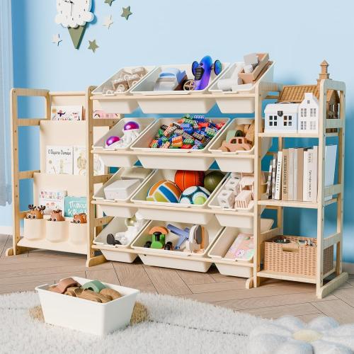 Large Toy Storage Organizer with 12 Bins, 4-Tier Bookshelf & 3 Side Shelves, 59 Wide Kids Room Organization, Easy Assembly for Playroom, Bedroom, Nursery Room, White
