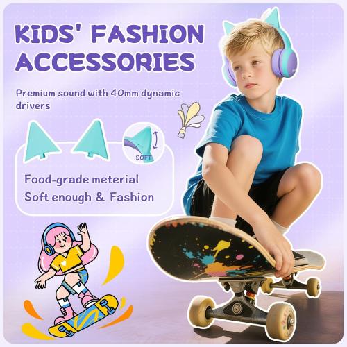 gorsun Kids Bluetooth Headphones, Over-Ear Toddler Headphones with Microphone, 85dB/94dB Volume Limited, 68H Playtime, Bluetooth 6.0, Portable Kids Wireless Headset with Cat Ears (Purple)