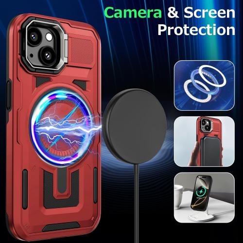 for iPhone 15 Case Compatible with MagSafe, Built-in Camera Ring Stand, 23 FT Military-Grade Drop Protection Magnetic Cover for iPhone 15 6.1'', Red