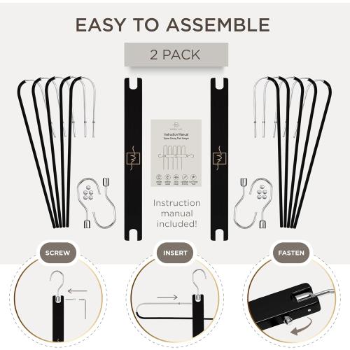 MORALVE Pants Hangers Space Saving - 2 Pack European Beechwood Scarf and Jean Hangers - Closet Organizer and Space Saver Pant Rack, Leggings Hanger, and Scarf Holder with 360° Swivel Hook