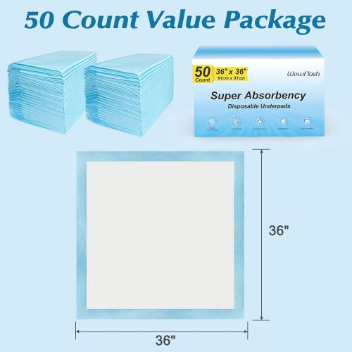 50 Count 36 x 36 Super Absorbency Disposable Underpads - Leakproof Quick Drying Pads for Baby, Puppy & Adults, Bed Pads, Incontinence & Dog Pee