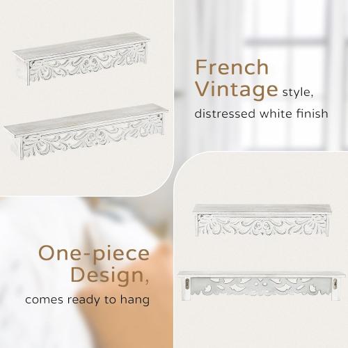 White Floating Shelves for Wall 24inch & 19inch Long - French Country Wall Decor Wood Distressed Mounted Shelf Vintage Hanging Shelving for Bathroom Bedroom 2 pcs