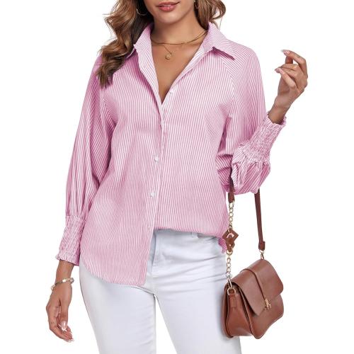 Size L...Button Down Shirts Striped Puff Long Sleeve Oversized Blouses Boyfriend Loose Tunics Collar Top