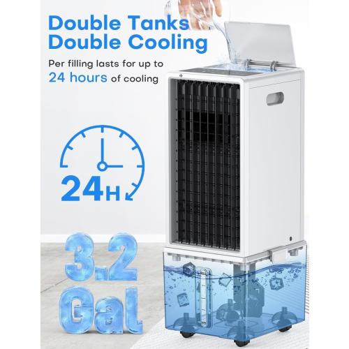 Color White 4-IN-1 Windowless Air Conditioner Tank for 24H Cooling, 4 Wind Speeds & 4 Modes, LED Touch Screen, Waterless Alert System & 12H Timer, Remote, Portable Air Conditioners for Bedroom